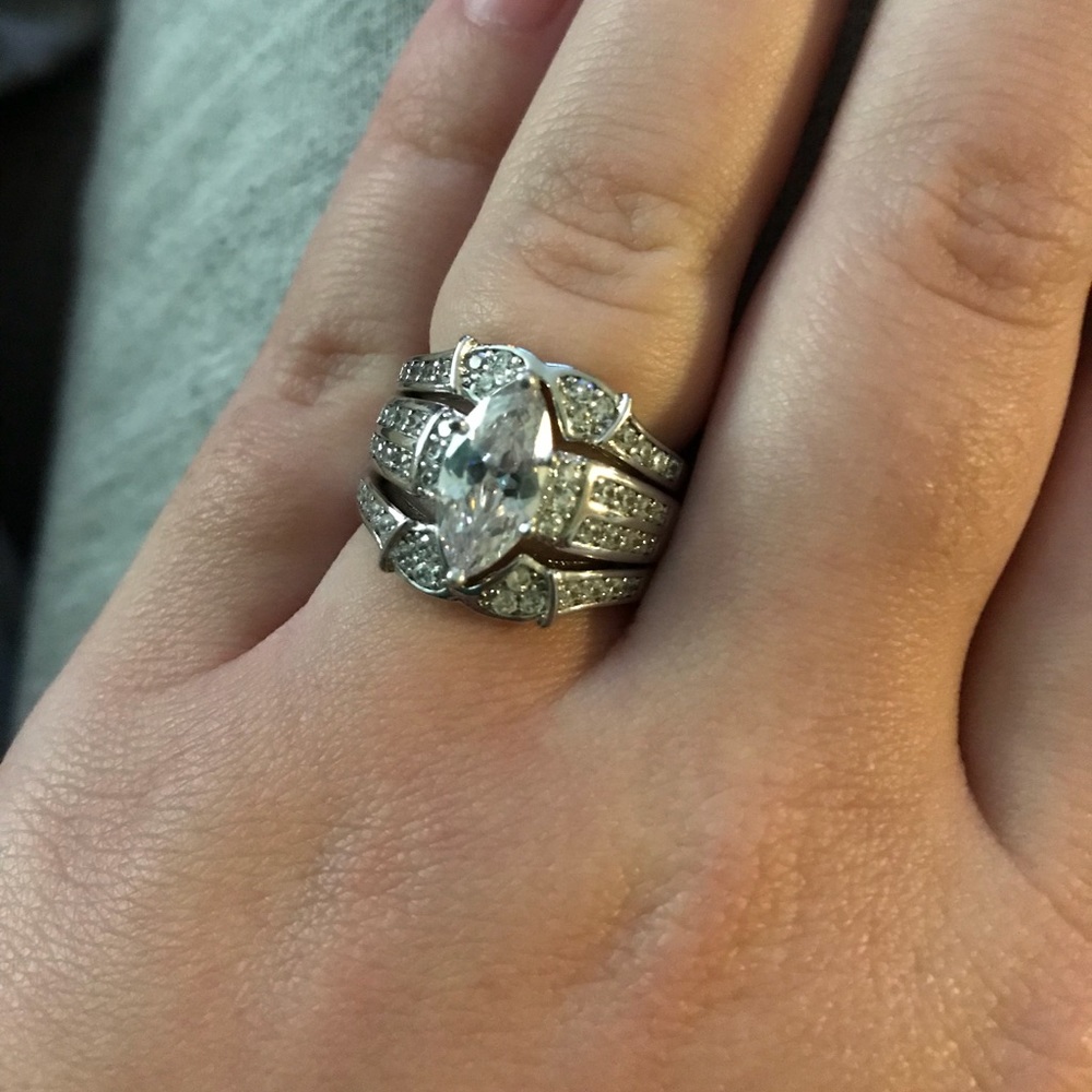 Sterling silver and white marquise sapphire ring